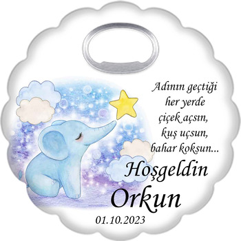 Mavi Fil ile Sarı Yıldız Temalı Çiçek Şekilli Magnet Açacak