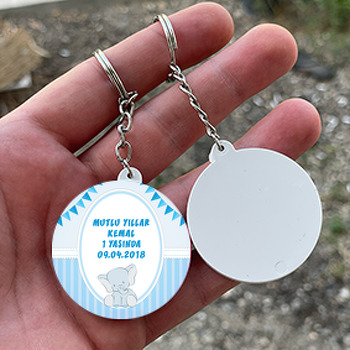 Mavi Fil Temalı Daire Plastik Anahtarlık