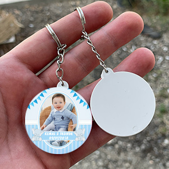 Mavi Fil Temalı Resimli Daire Plastik Anahtarlık