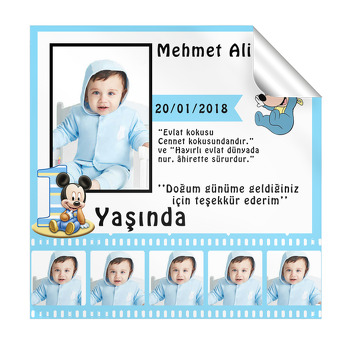 Mavi Film Şeritli Mickey Temalı  Kare Etiket