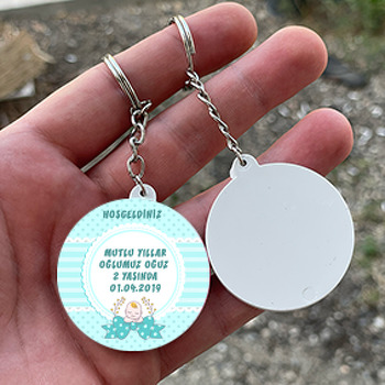 Mavi Fiyonklu Bebek Temalı Daire Plastik Anahtarlık