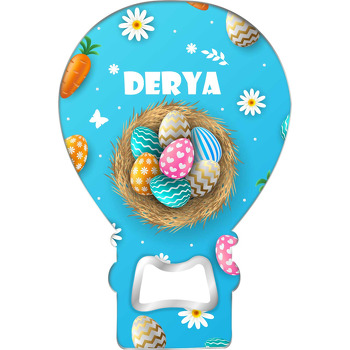 Mavi Fonda Paskalya Yumurtası ile Havuçlar Temalı Balon Ahşap Magnet 