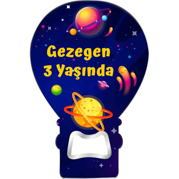 Mavi Galaksi ile Sarı Satürn Temalı Balon Ahşap Magnet 