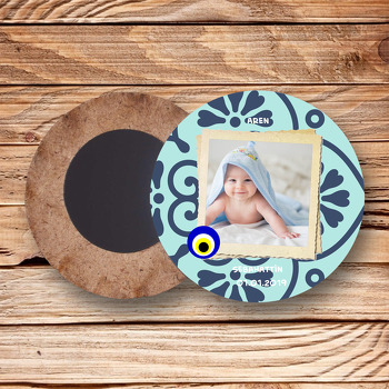 Mavi Geometrik Desenli ve Polaroid Çerçeveli Sünnet Temalı Ahşap Magnet