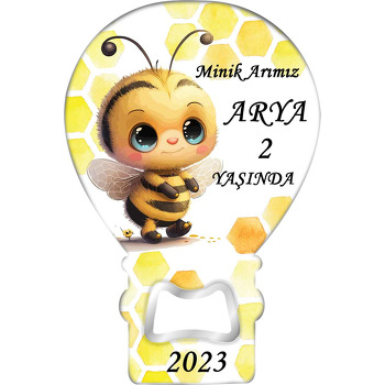 Mavi Gözlü Arı ile Petek Fon Temalı Balon Ahşap Magnet 