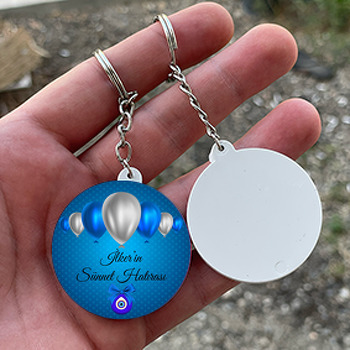 Mavi Gri Balonlar ile Nazar Boncuğu Temalı Daire Plastik Doğum Günü Anahtarlık