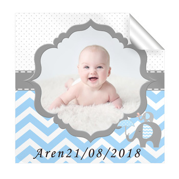 Mavi Gri Fil Temalı Doğum Günü  Kare Etiket