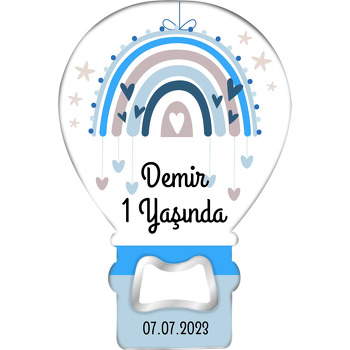 Mavi Gri Kalpli Gökkuşağı Temalı Balon Ahşap Magnet 