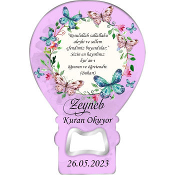 Mavi ile Krem Kelebeklerle Yapraklı Çerçeve Lila Fon Temalı Balon Ahşap Magnet 