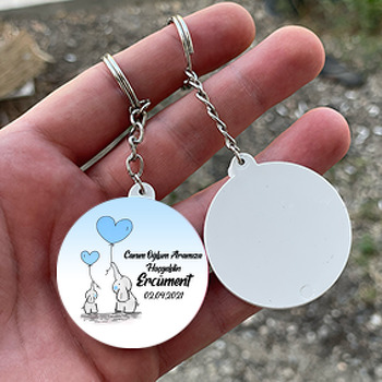 Mavi Kalp Balonlu Filler Temalı Daire Plastik Anahtarlık