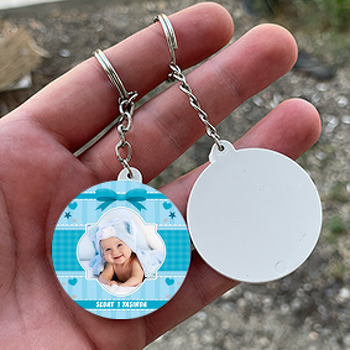 Mavi Kalp Ve Yıldız Temalı Resimli Daire Plastik Anahtarlık