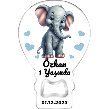 Mavi Kalpli Sevimli Fil Temalı Balon Ahşap Magnet 