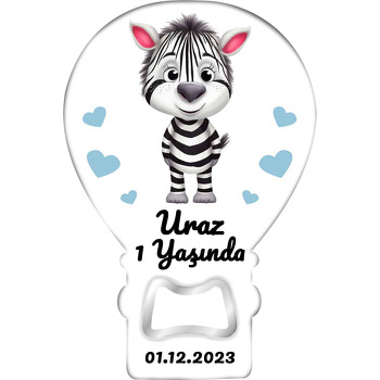 Mavi Kalpli Sevimli Zebra Temalı Balon Ahşap Magnet 