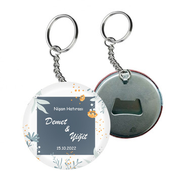 Mavi Kare Çerçeve ile Yapraklar Temalı Arkası Açacak Anahtarlık