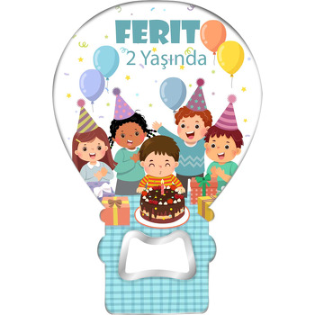 Mavi Kareli Desende Erkek Çocuk Partisi Temalı Balon Ahşap Magnet 