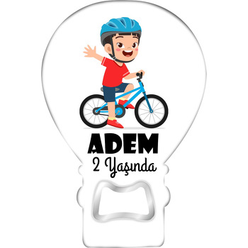 Mavi Kask ile Bisikletli Çocuk Temalı Balon Ahşap Magnet 