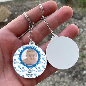 Mavi Kelebek Temalı Bebek Daire Plastik Anahtarlık