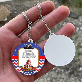 Mavi Kırmızı Korsan Temalı Daire Plastik Anahtarlık