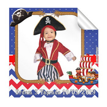 Mavi Kırmızı Korsan Temalı Doğum Günü  Kare Etiket
