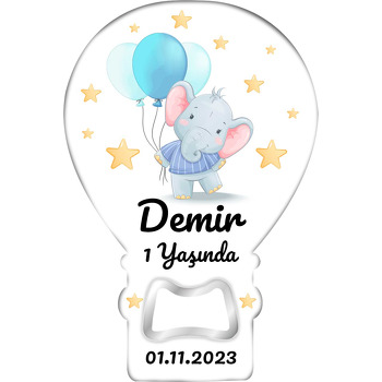 Mavi Kıyafetli Fil ile Mavi Balonlar Temalı Balon Ahşap Magnet 