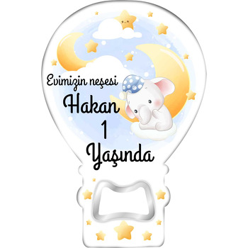 Mavi Kukuletalı Fil ile Ay Temalı Balon Ahşap Magnet 