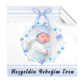 Mavi Kurdela Temalı Bebek  Kare Etiketi