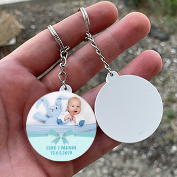 Mavi Kurdela Temalı Resimli Daire Plastik Anahtarlık