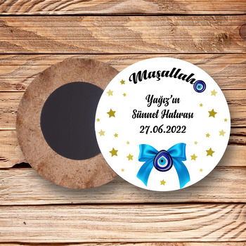Mavi Kurdele ile Nazar Boncuğu ve Yıldızlar Temalı Daire Ahşap Magnet