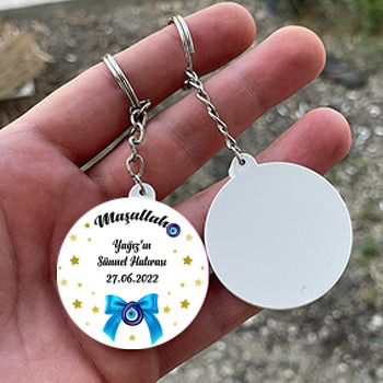 Mavi Kurdele ile Nazar Boncuğu ve Yıldızlar Temalı Daire Plastik Anahtarlık