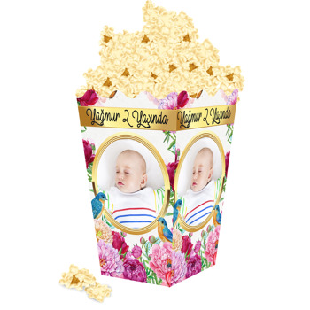 Mavi Kuşlar Ve Çiçekler Temalı Popcorn Kutusu
