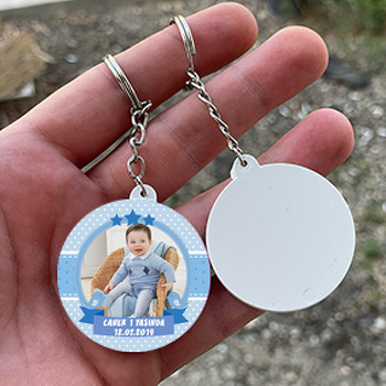 Mavi Kuşlar Ve Yıldızlar Temalı Resimli Daire Plastik Anahtarlık