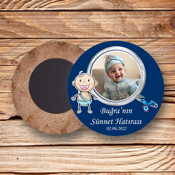 Mavi Maşallah Flamalı Bebek ile Lacivert Fon Temalı Daire Ahşap Magnet