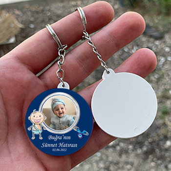 Mavi Maşallah Flamalı Bebek ile Lacivert Fon Temalı Daire Plastik Anahtarlık