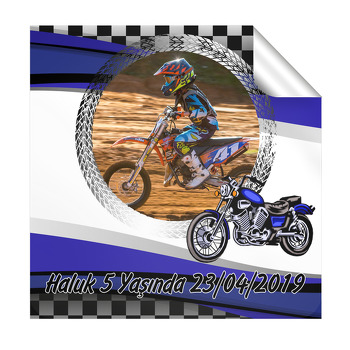 Mavi Motorsiklet Temalı Doğum Günü  Kare Etiket