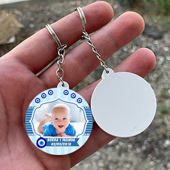 Mavi Nazar Boncuğu Temalı Resimli Daire Plastik Anahtarlık