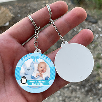 Mavi Penguen Temalı Resimli Daire Plastik Anahtarlık