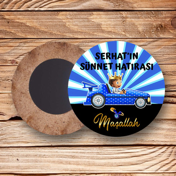 Mavi Puantiye Arabalı Sünnet Çocuğu Temalı Daire Ahşap Magnet
