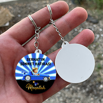 Mavi Puantiye Arabalı Sünnet Çocuğu Temalı Daire Plastik Anahtarlık