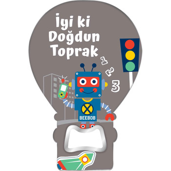 Mavi Robot ile Trafik Lambası Temalı Balon Ahşap Magnet 