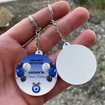 Mavi Siyah Balonlarla Nazar Boncuğu ve Sünnet Hatırası Temalı Daire Plastik Doğum Günü Anahtarlık