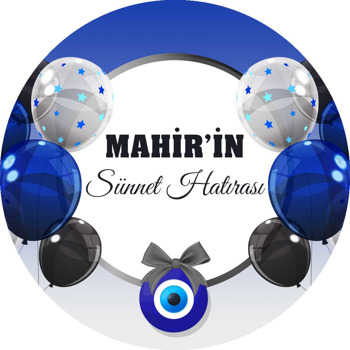 Mavi Siyah Balonlarla Siyah Çerçeve ile Sünnet Hatırası Temalı Akrilik Daire Magnet