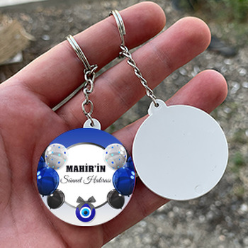 Mavi Siyah Balonlarla Siyah Çerçeve ile Sünnet Hatırası Temalı Daire Plastik Doğum Günü Anahtarlık