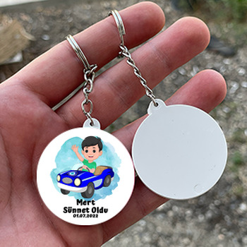 Mavi Sünnet Arabası Temalı Daire Plastik Anahtarlık