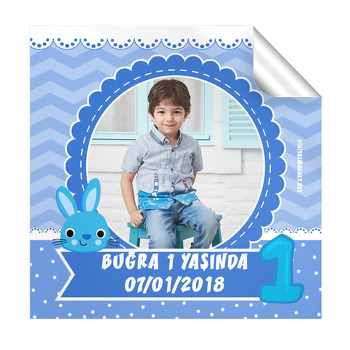 Mavi Tavşan Temalı 1 Yaş Doğum Günü  Kare Etiket