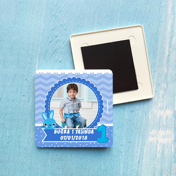 Mavi Tavşan Temalı 1 Yaş Doğum Günü Plastik Kare Magnet