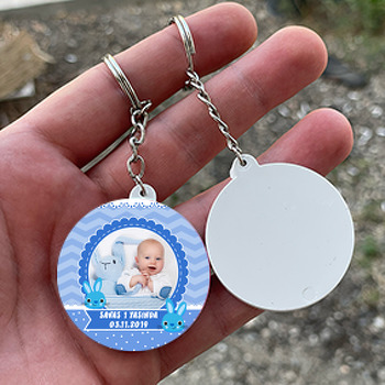 Mavi Tavşan Temalı Resimli Daire Plastik Anahtarlık