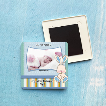 Mavi Tavşanlı Doğum Günü Plastik Kare Magnet
