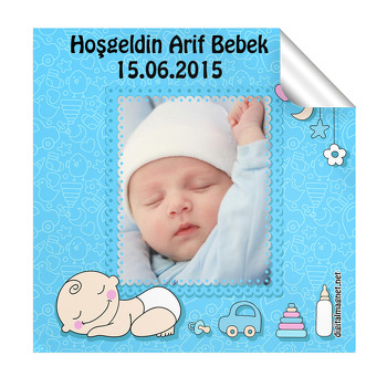 Mavi Uyuyan Hoşgeldin Bebek Temalı  Kare Etiket