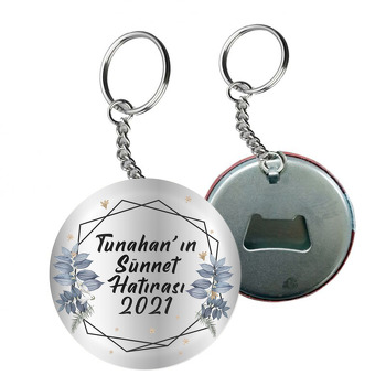 Mavi Yapraklı Geometrik Çerçeve ile Gümüş Fon Temalı Arkası Açacak Anahtarlık