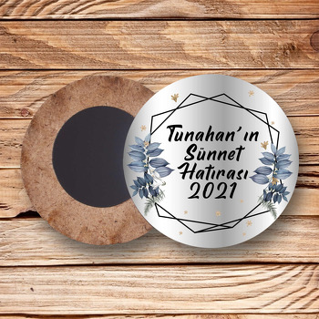 Mavi Yapraklı Geometrik Çerçeve ile Gümüş Fon Temalı Daire Ahşap Magnet